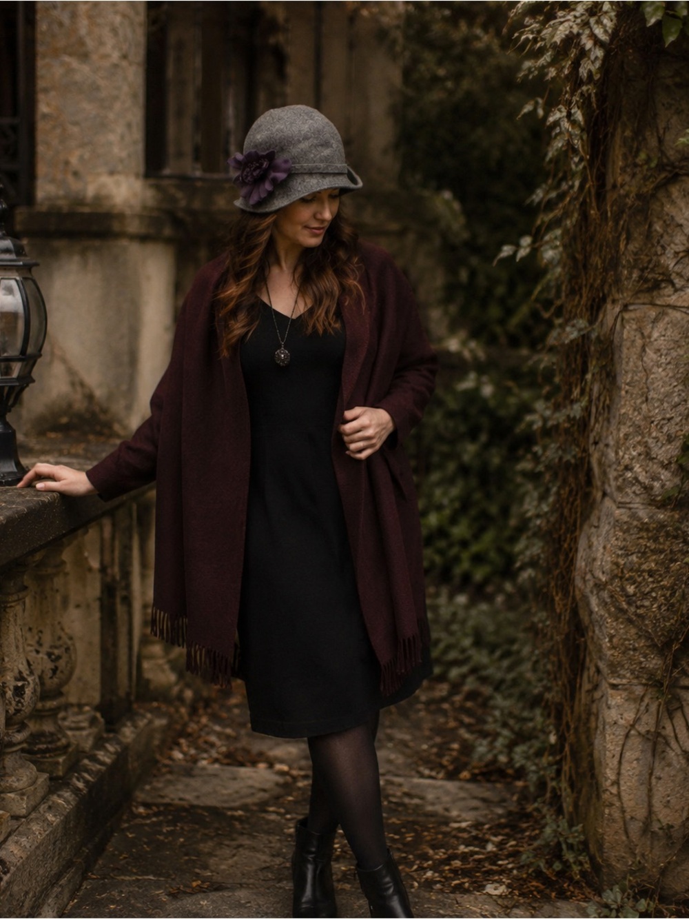 Madison Gray Wool Cloche Hat with Purple Flower Accent - Picture 5 of 5